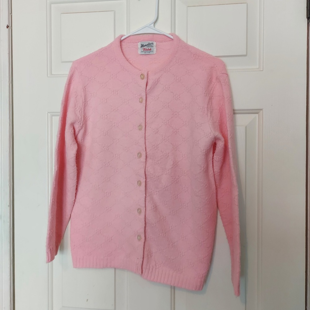 Vintage Mainliner Original Pink Wintuk Orlon Acrylic Textured Cardigan Sweater